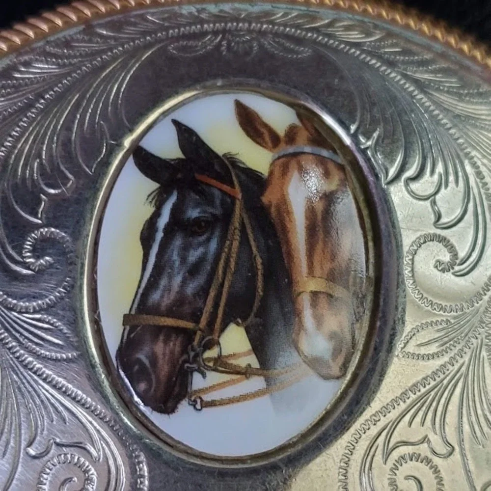 Vintage German Silver Oval Belt Buckle Western Horse Portrait Scroll Engraved